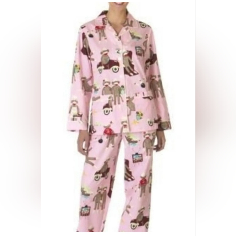 NICK AND NORA sz L Sock Monkey pajamas 2 piece set top & bottoms